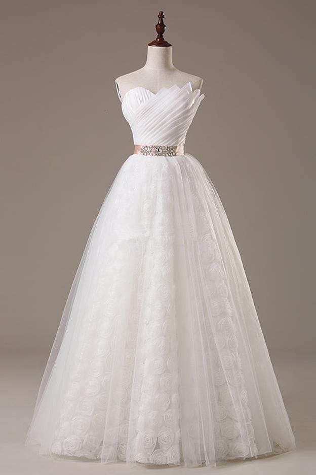 Sweetheart Lace Sash Wedding Dresses Lace-Up Bowknot Sleeveless Bridal Gowns