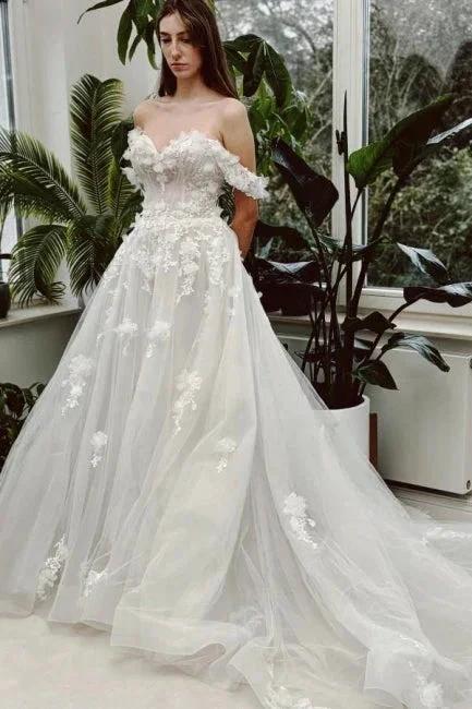 Sweetheart Long Ivory A-line Off-the-shoulder Lace Sleeveless Wedding Dress (ZD15570) - VelvetHem