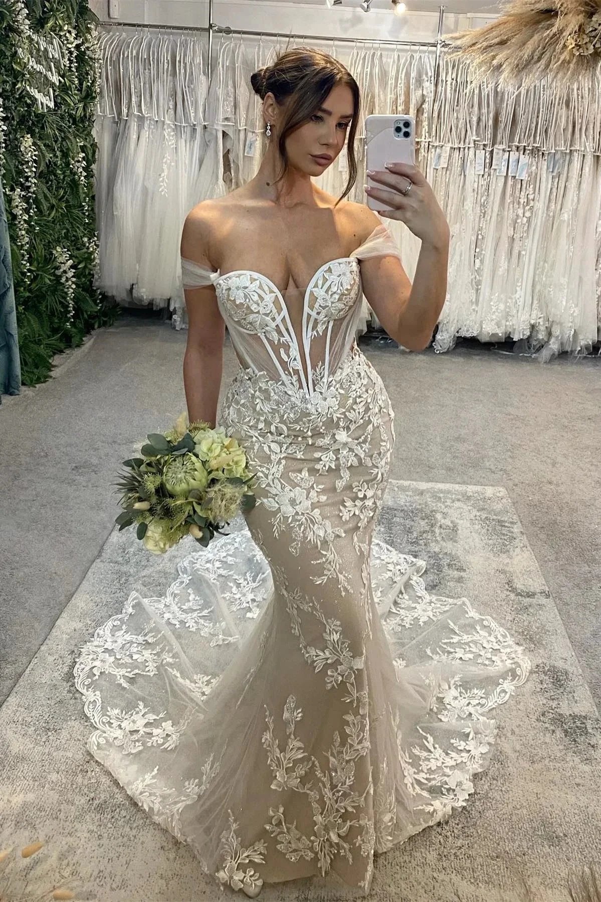 Sweetheart Long Mermaid Off-the-shoulder Glitter Appliques Wedding Dress (ZD15664) - VelvetHem