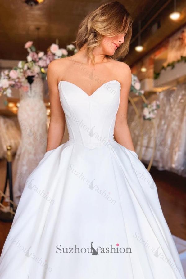 Sweetheart Long White Wedding Dress Strapless A Line Satin Bridal Gown With Pockets