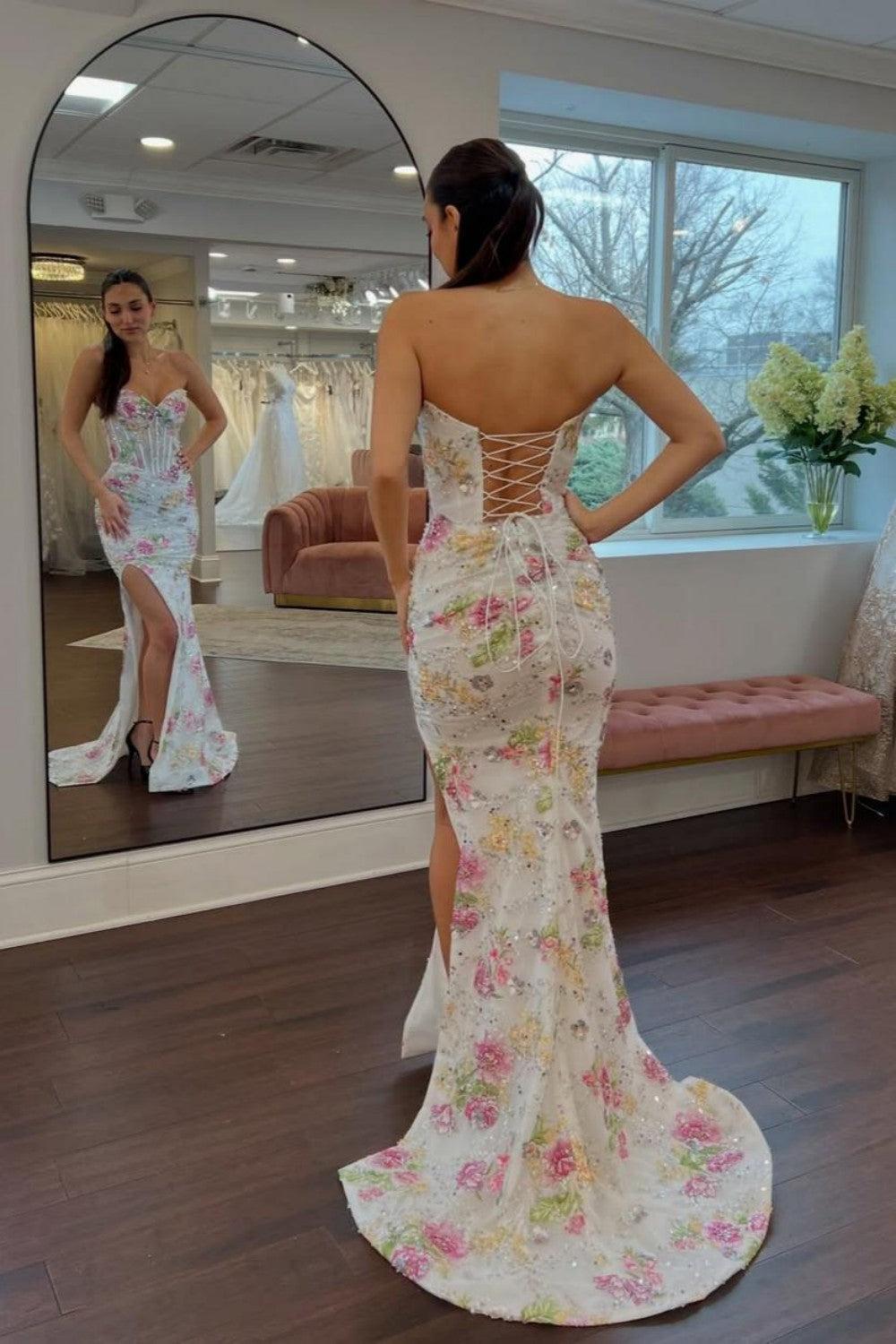 Suzhoufashion Sweetheart Mermaid Floral Beaded Corset Prom Dress With High Slit Formal Evening Gown