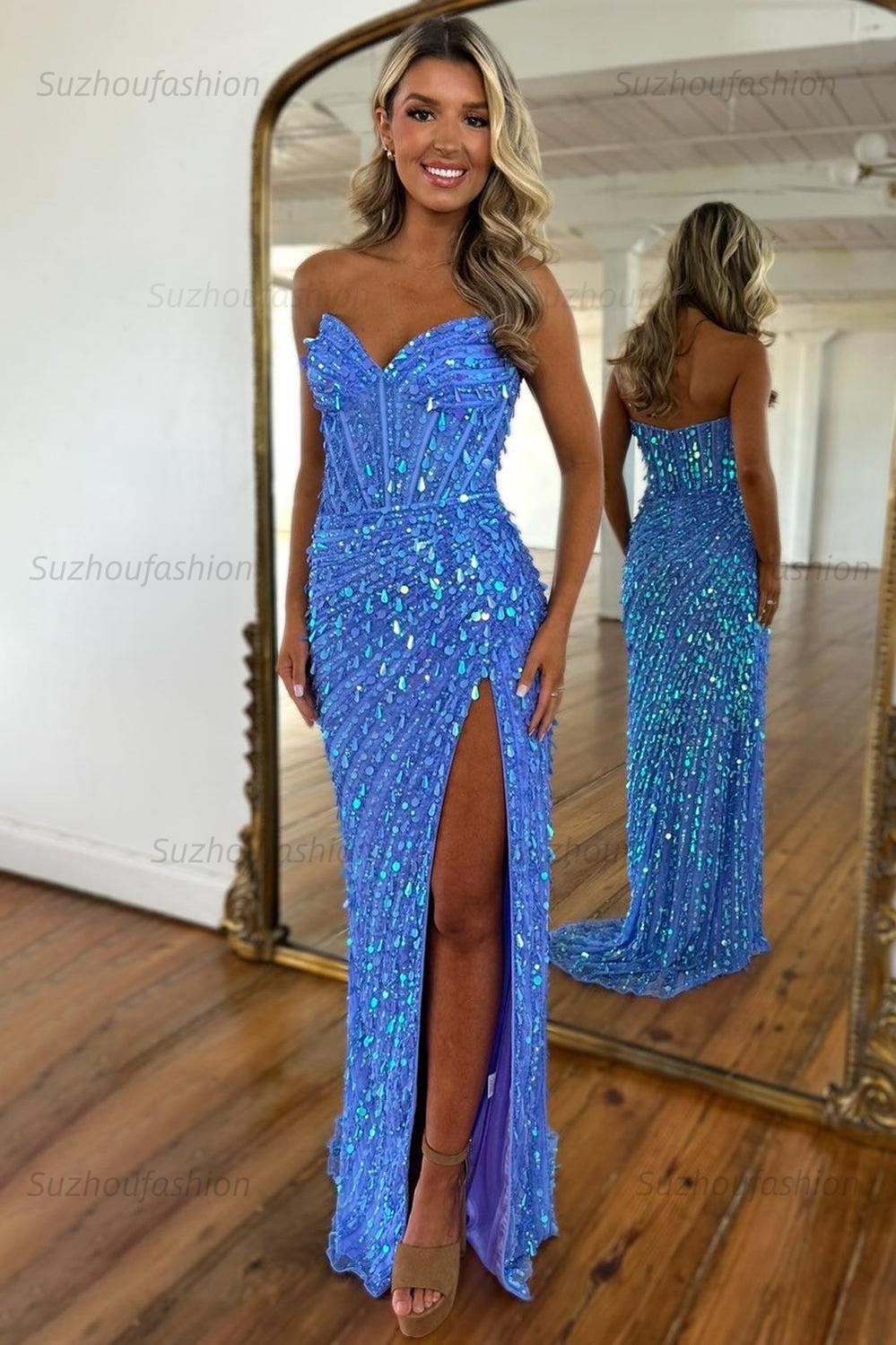 Sequined Prom Dress Sweetheart Mermaid With High Slit Skirt Formal Evening Gown