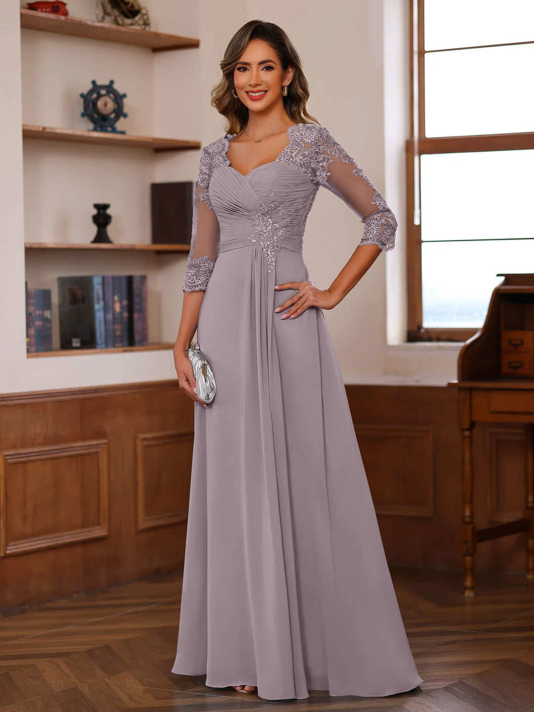 Sweetheart Neck A Line Gown with 3/4 Sleeves Long Lace Bridal Dress Featuring Ruffles & Appliques