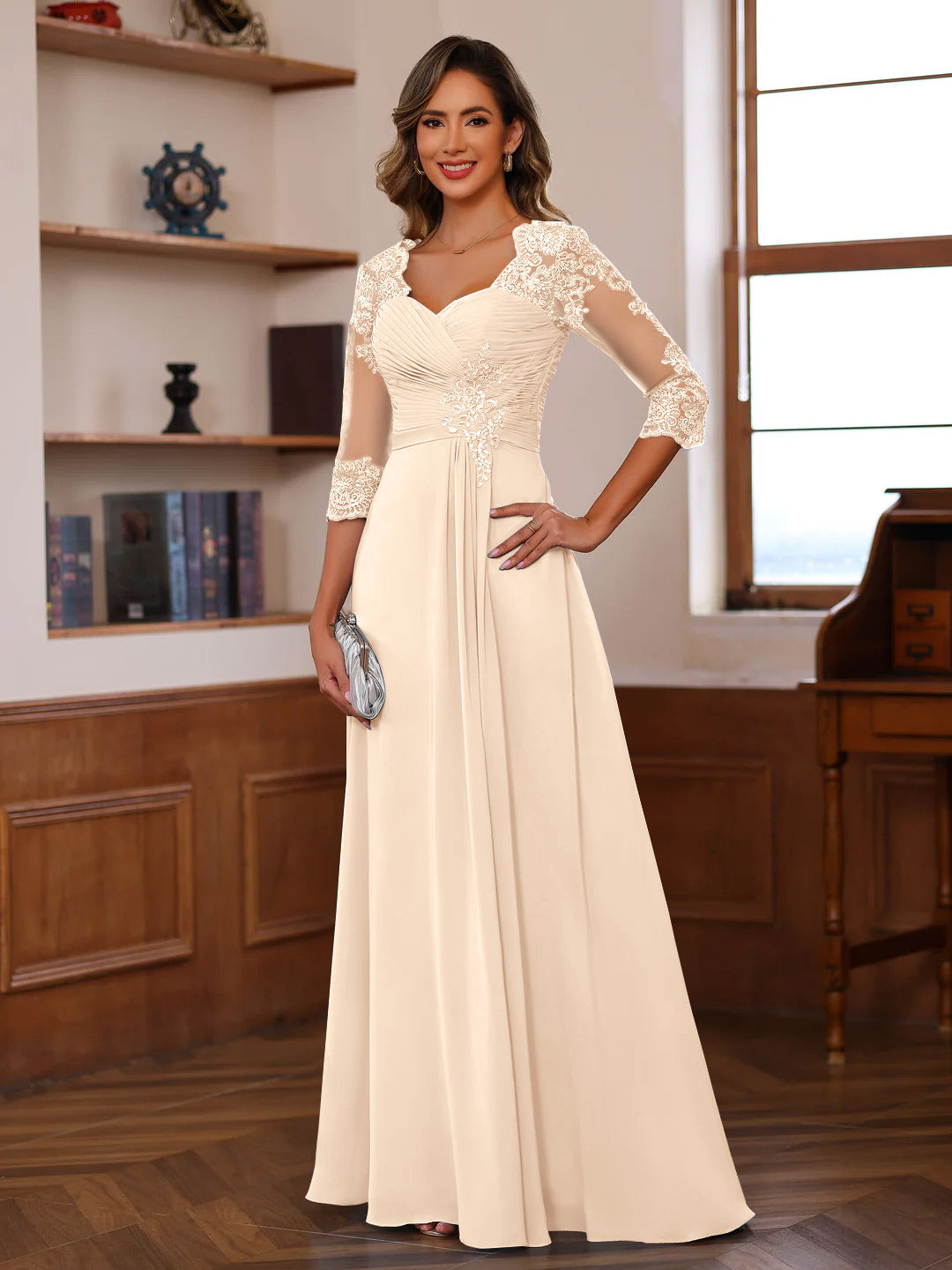 Sweetheart Neck A Line Gown with 3/4 Sleeves Long Lace Bridal Dress Featuring Ruffles & Appliques