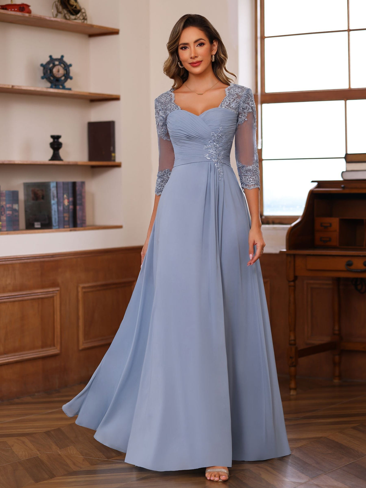 Sweetheart Neck A Line Gown with 3/4 Sleeves Long Lace Bridal Dress Featuring Ruffles & Appliques