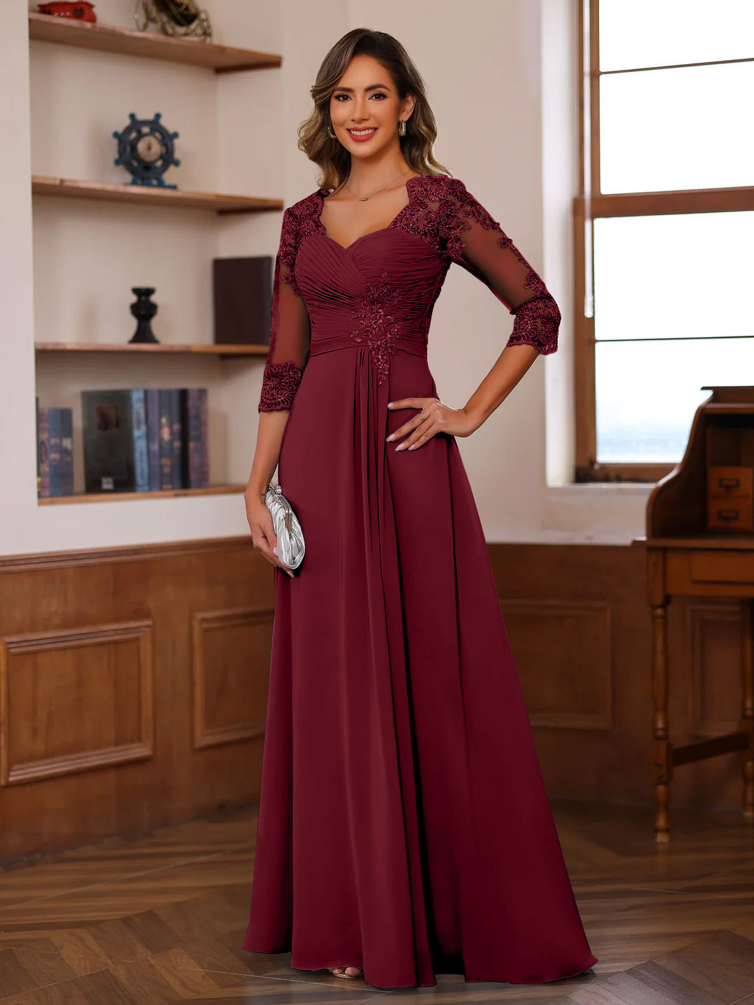 Sweetheart Neck A Line Gown with 3/4 Sleeves Long Lace Bridal Dress Featuring Ruffles & Appliques