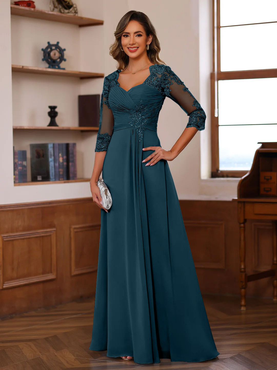 Sweetheart Neck A Line Gown with 3/4 Sleeves Long Lace Bridal Dress Featuring Ruffles & Appliques