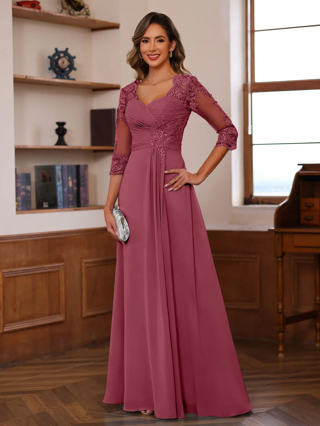 Sweetheart Neck A Line Gown with 3/4 Sleeves Long Lace Bridal Dress Featuring Ruffles & Appliques