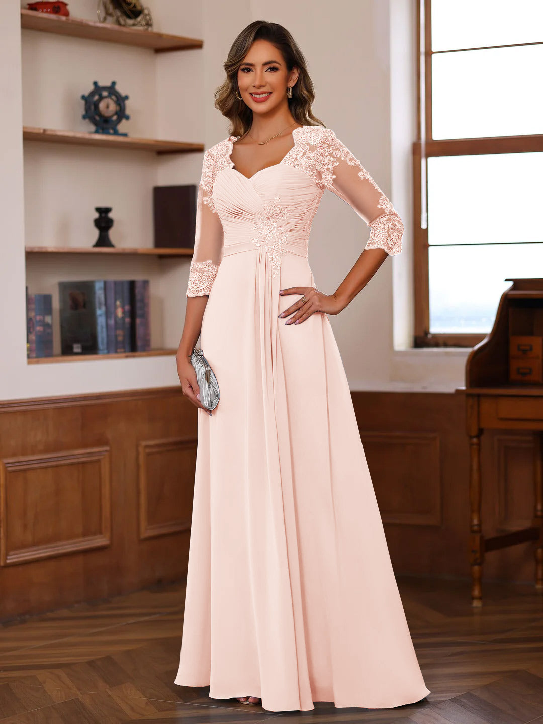 Sweetheart Neck A Line Gown with 3/4 Sleeves Long Lace Bridal Dress Featuring Ruffles & Appliques
