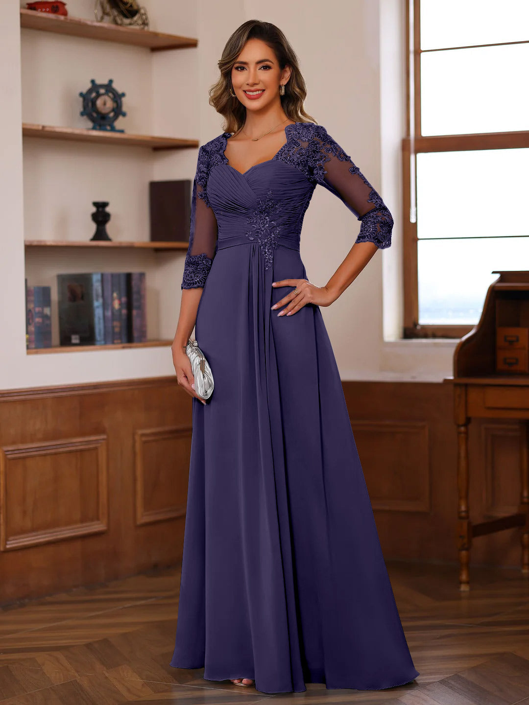 Sweetheart Neck A Line Gown with 3/4 Sleeves Long Lace Bridal Dress Featuring Ruffles & Appliques