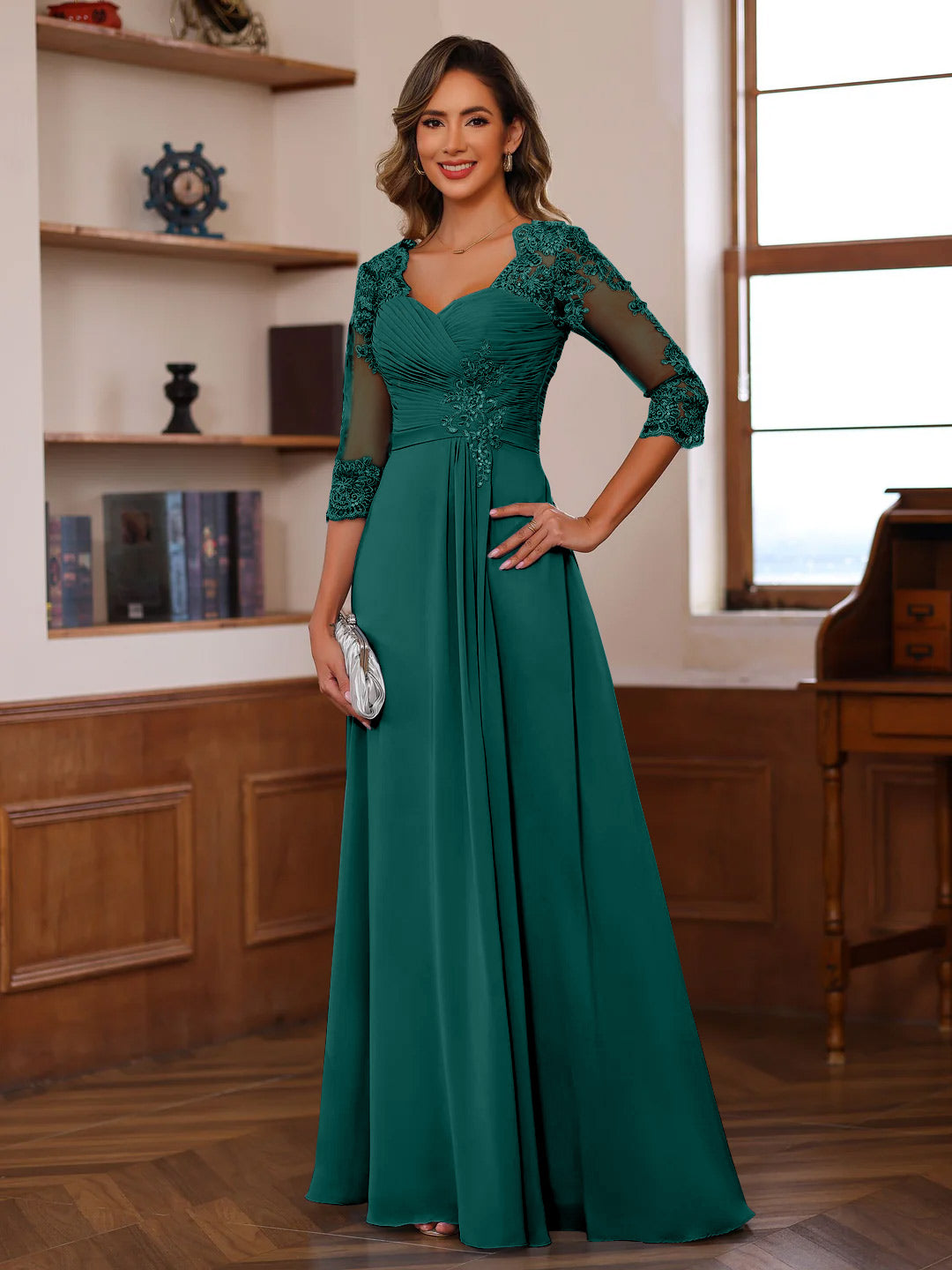 Sweetheart Neck A Line Gown with 3/4 Sleeves Long Lace Bridal Dress Featuring Ruffles & Appliques