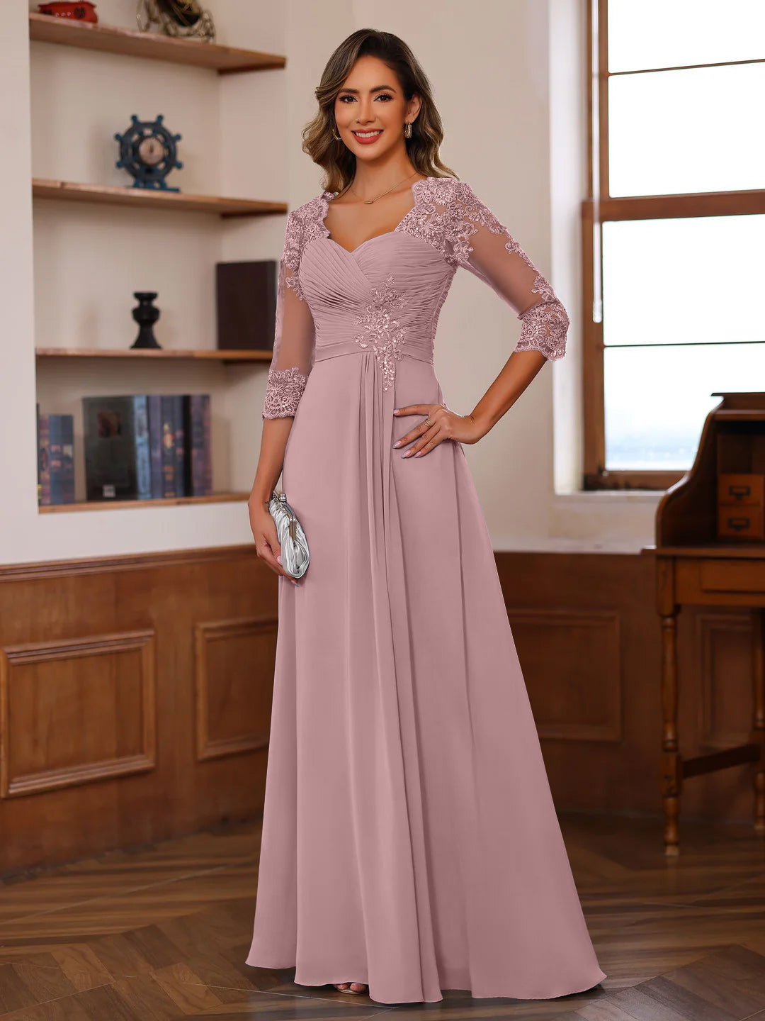 Sweetheart Neck A Line Gown with 3/4 Sleeves Long Lace Bridal Dress Featuring Ruffles & Appliques