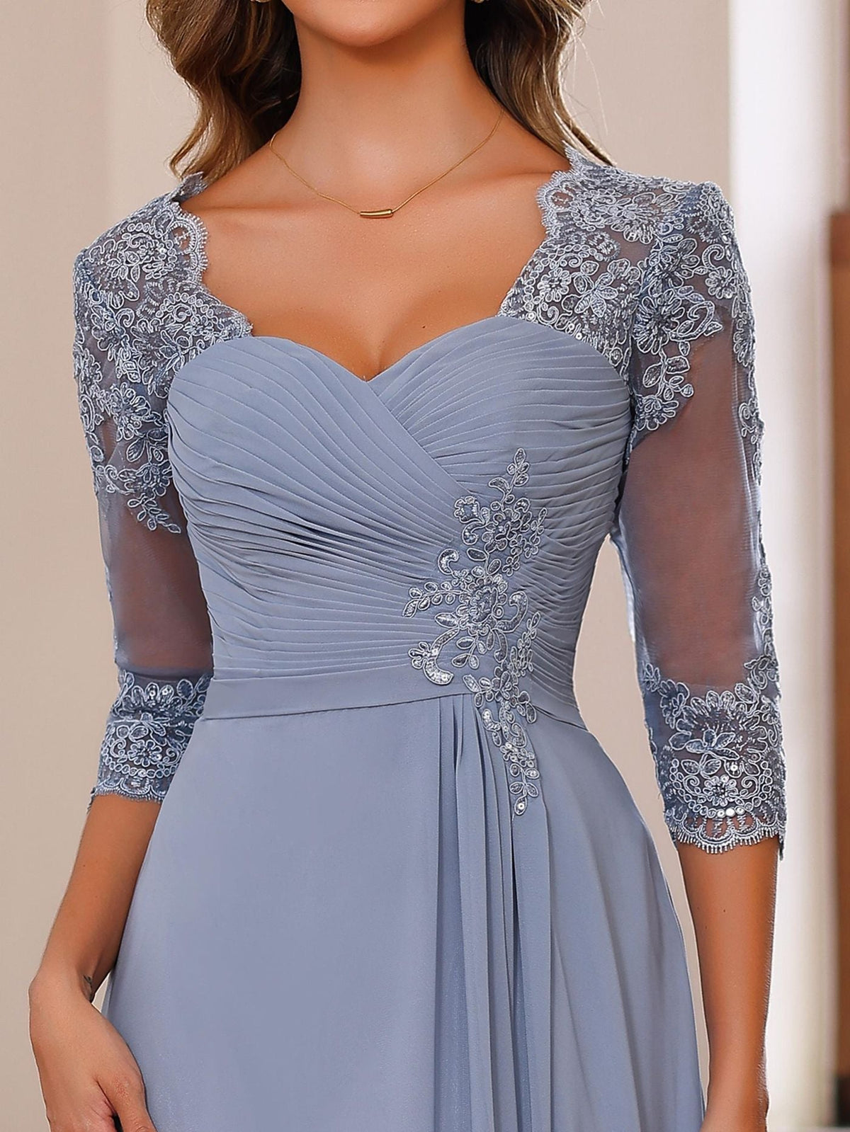 Sweetheart Neck A Line Gown with 3/4 Sleeves Long Lace Bridal Dress Featuring Ruffles & Appliques