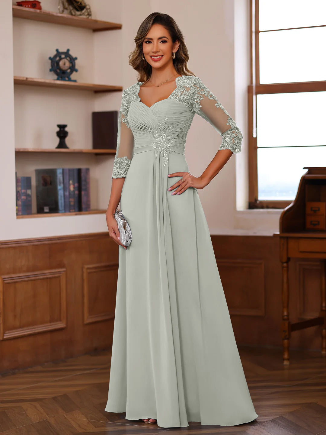 Sweetheart Neck A Line Gown with 3/4 Sleeves Long Lace Bridal Dress Featuring Ruffles & Appliques