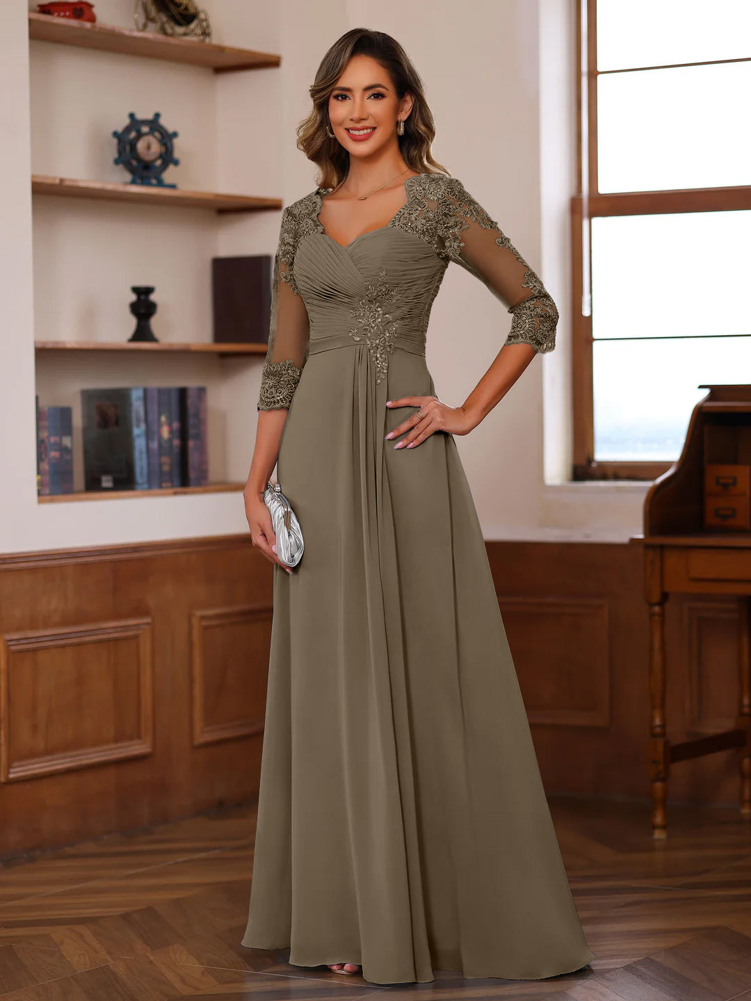 Sweetheart Neck A Line Gown with 3/4 Sleeves Long Lace Bridal Dress Featuring Ruffles & Appliques