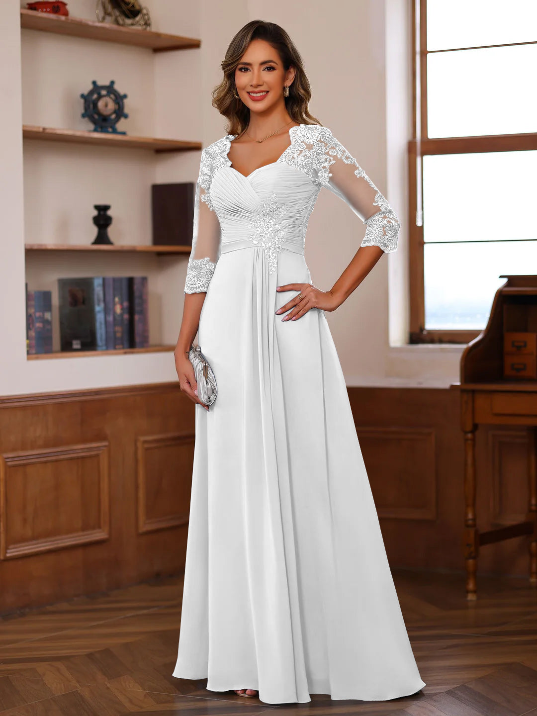 Sweetheart Neck A Line Gown with 3/4 Sleeves Long Lace Bridal Dress Featuring Ruffles & Appliques