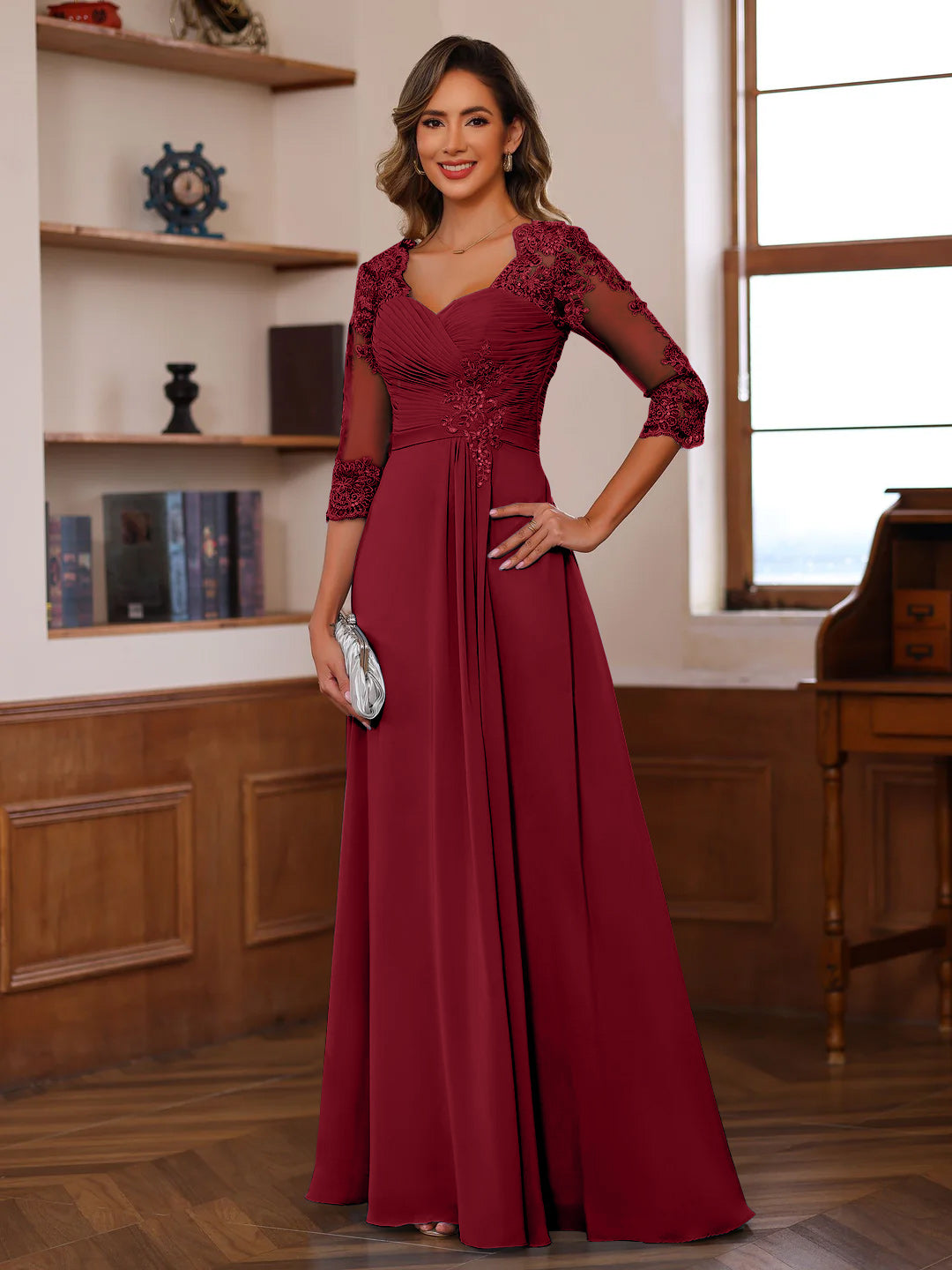 Sweetheart Neck A Line Gown with 3/4 Sleeves Long Lace Bridal Dress Featuring Ruffles & Appliques
