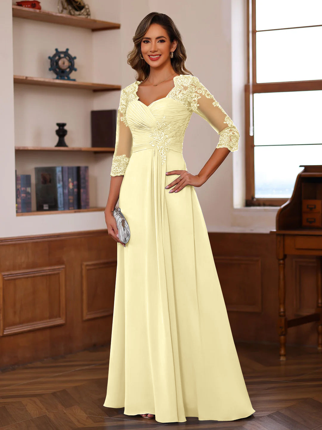 Sweetheart Neck A Line Gown with 3/4 Sleeves Long Lace Bridal Dress Featuring Ruffles & Appliques