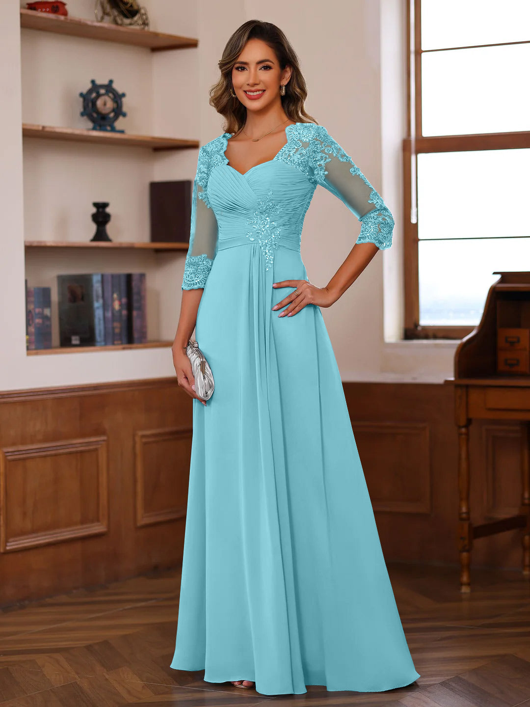 Sweetheart Neck A Line Gown with 3/4 Sleeves Long Lace Bridal Dress Featuring Ruffles & Appliques