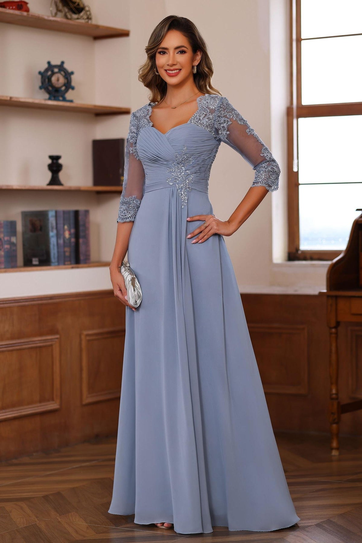 Sweetheart Neck A Line Gown with 3/4 Sleeves Long Lace Bridal Dress Featuring Ruffles & Appliques