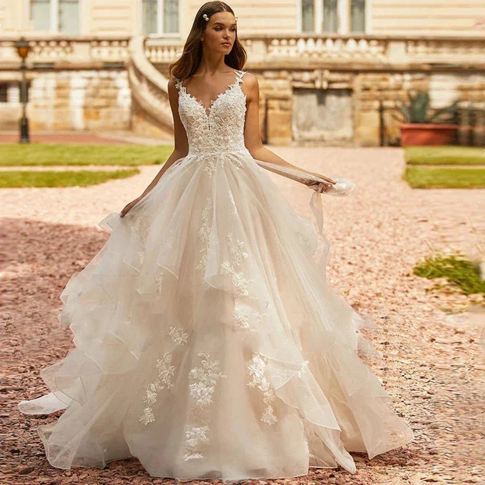 Sweetheart Off Shoulder Sleeveless Beach Deep V-neck Fluffy Wedding Dresses Sexy Lace Backless Applique Elegant Bride Gown 2023 (ZD14253)
