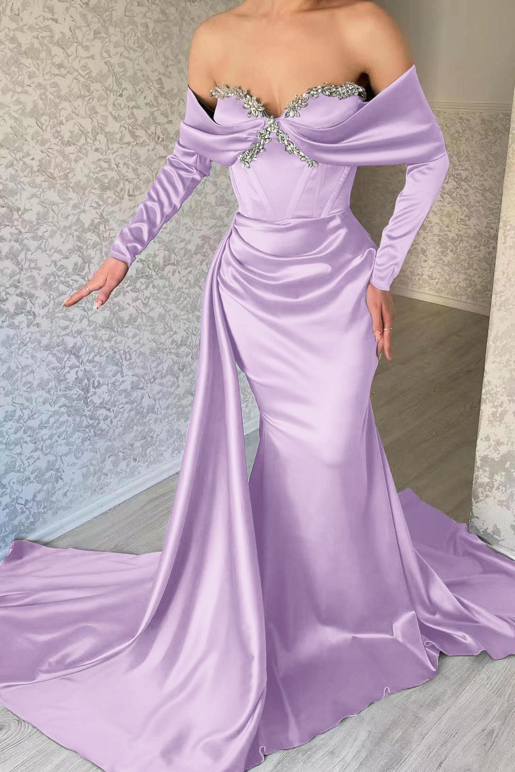 Sweetheart Portrait Long Sleeve Prom Dress Mermaid Evening Formal Dress With Rhinstone Ruffled