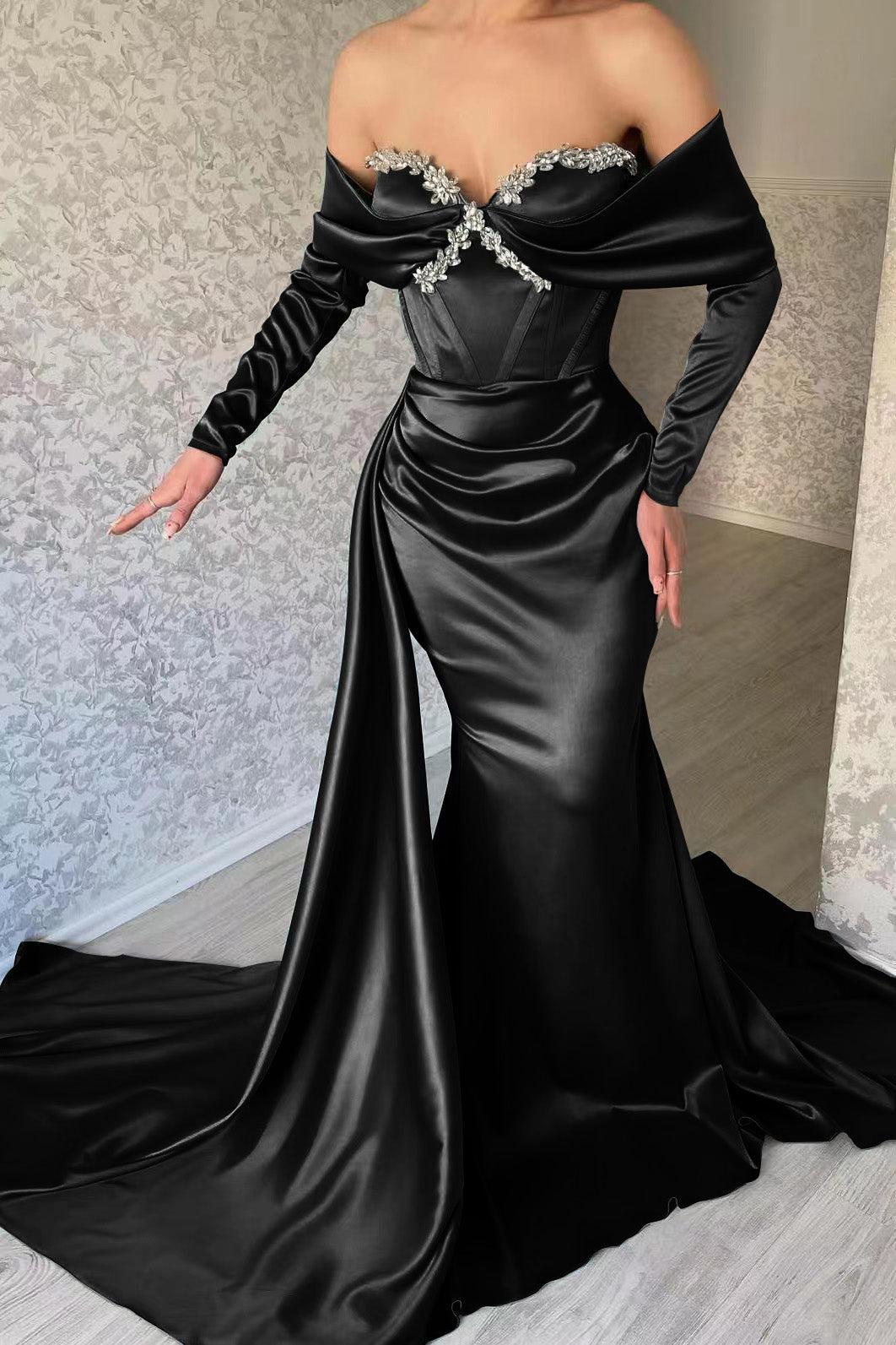 Sweetheart Portrait Long Sleeve Prom Dress Mermaid Evening Formal Dress With Rhinstone Ruffled