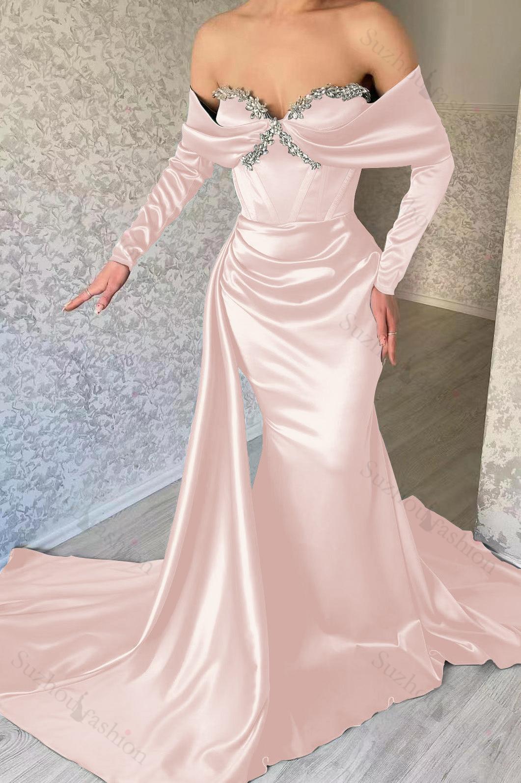 Sweetheart Portrait Long Sleeve Prom Dress Mermaid Evening Formal Dress With Rhinstone Ruffled