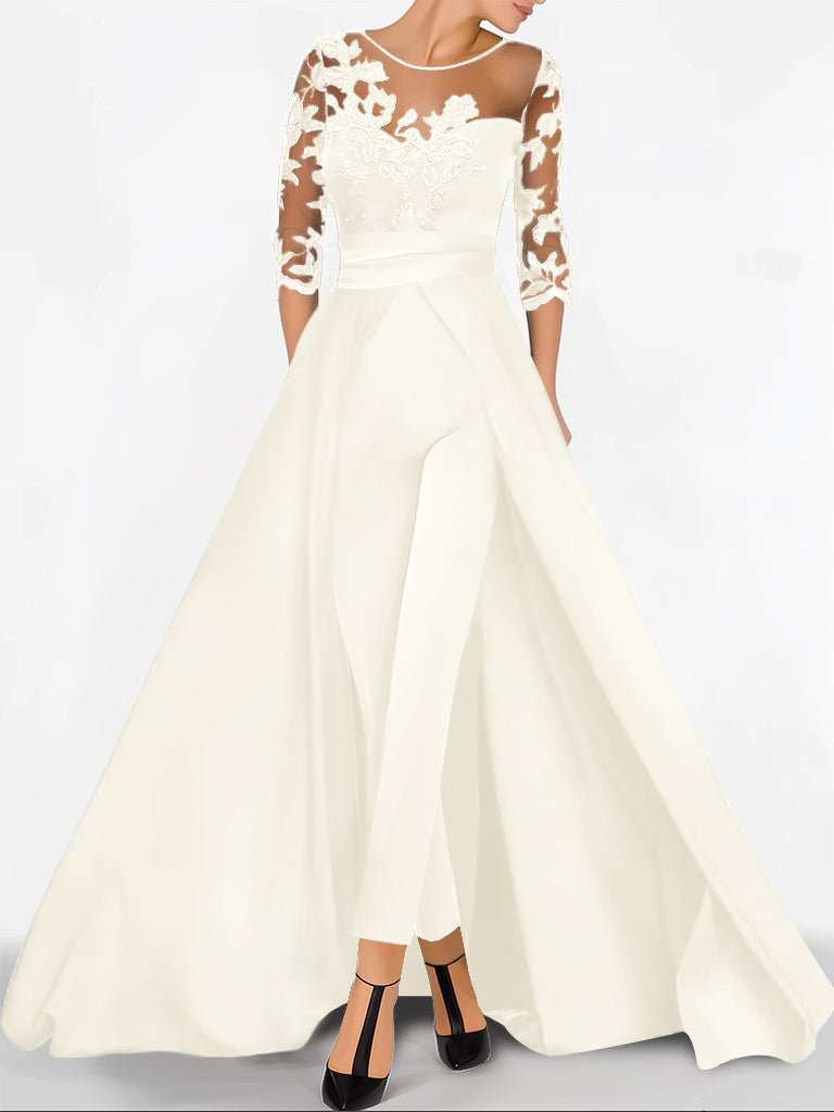 Sweetheart A Line Long Jumpsuit with 3/4 Sleeves and Applique for the Mother of the Bride