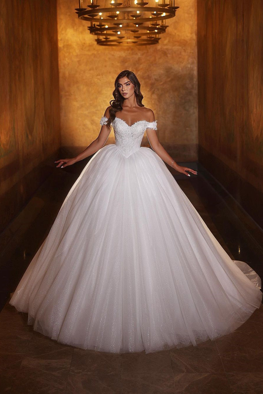 Princess-like Sweetheart Long White Off-the-shoulder A-line Glitter Wedding Dress With Lace (ZD17472) - VelvetHem
