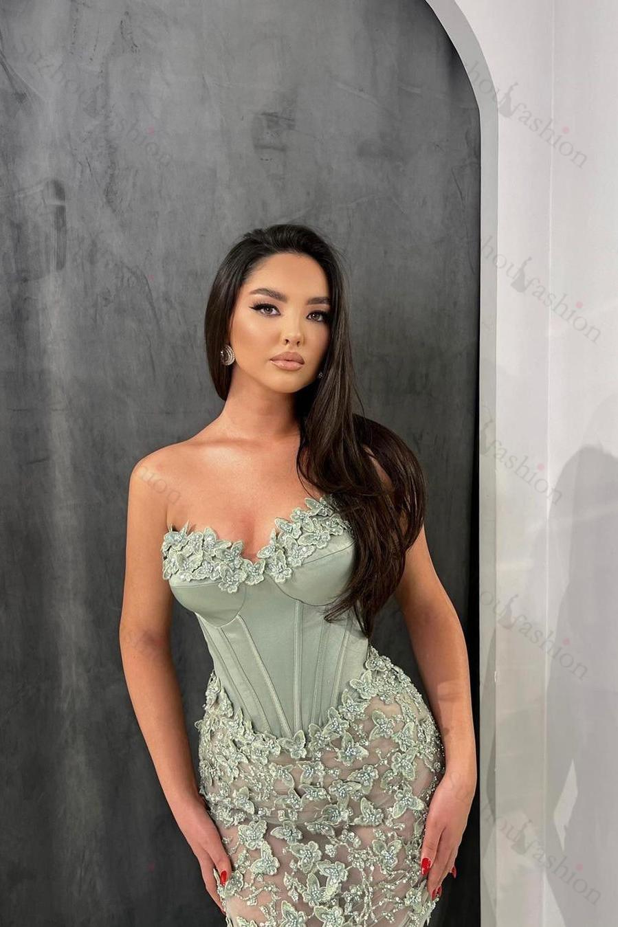 Sweetheart Prom Dress Floral Sage Sleeveless Long Tulle Evening Formal Dress