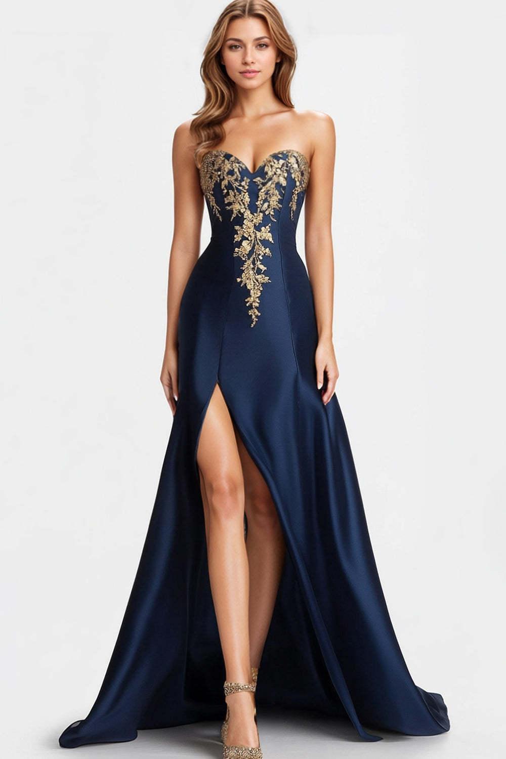 Sweetheart Satin Beaded Navy Blue Wedding Guest Dress A Line Long Formal Dress With Slit