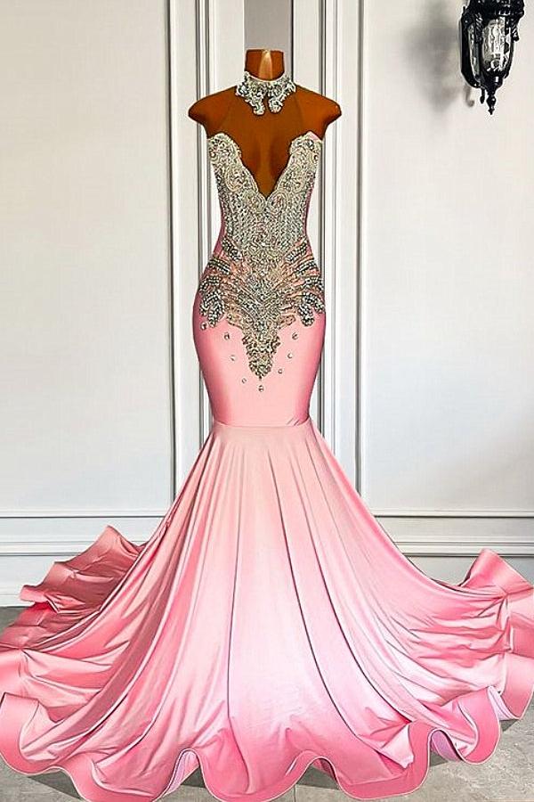 Sweetheart Silver Beaded Pink Mermaid Satin Prom Party Dresses