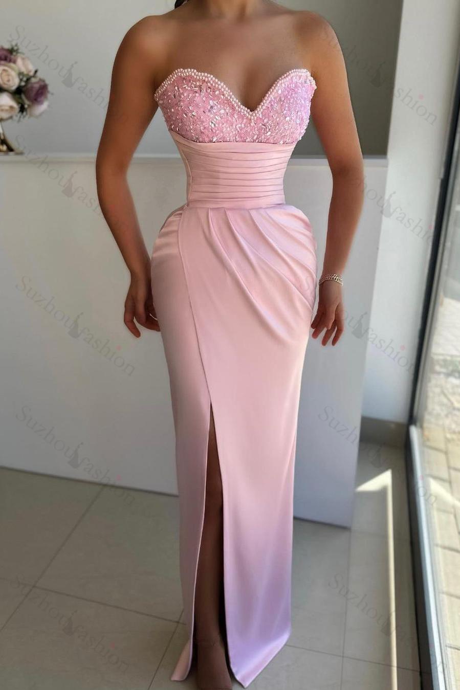 Sweetheart Sleeveless Light Blue Prom Dress Evening Formal Dress Front Split With Beads