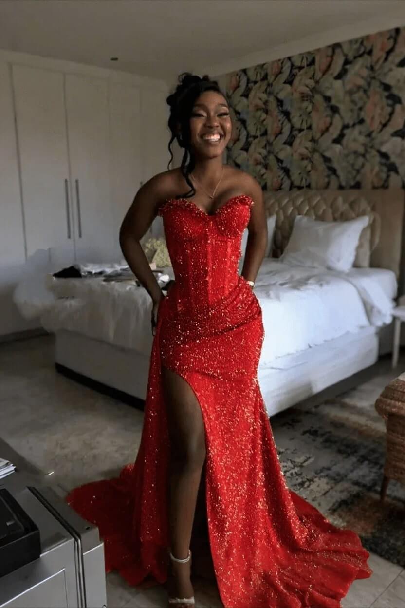 Sweetheart Sleeveless Long Mermaid Evening Formal Dress With Split Sequin