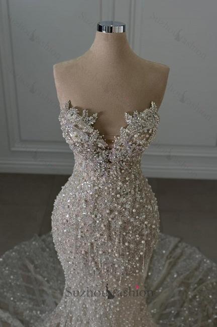 Sweetheart Wedding Dress Long Mermaid Sleeveless Beaded Lace Bridal Gown
