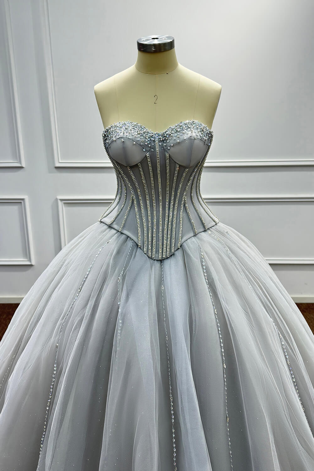 Grey Corset Dress A Line Sweetheart Tulle Prom Dress with Beadings and Rhinestones