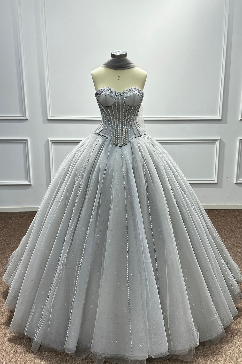 Grey Corset Dress A Line Sweetheart Tulle Prom Dress with Beadings and Rhinestones