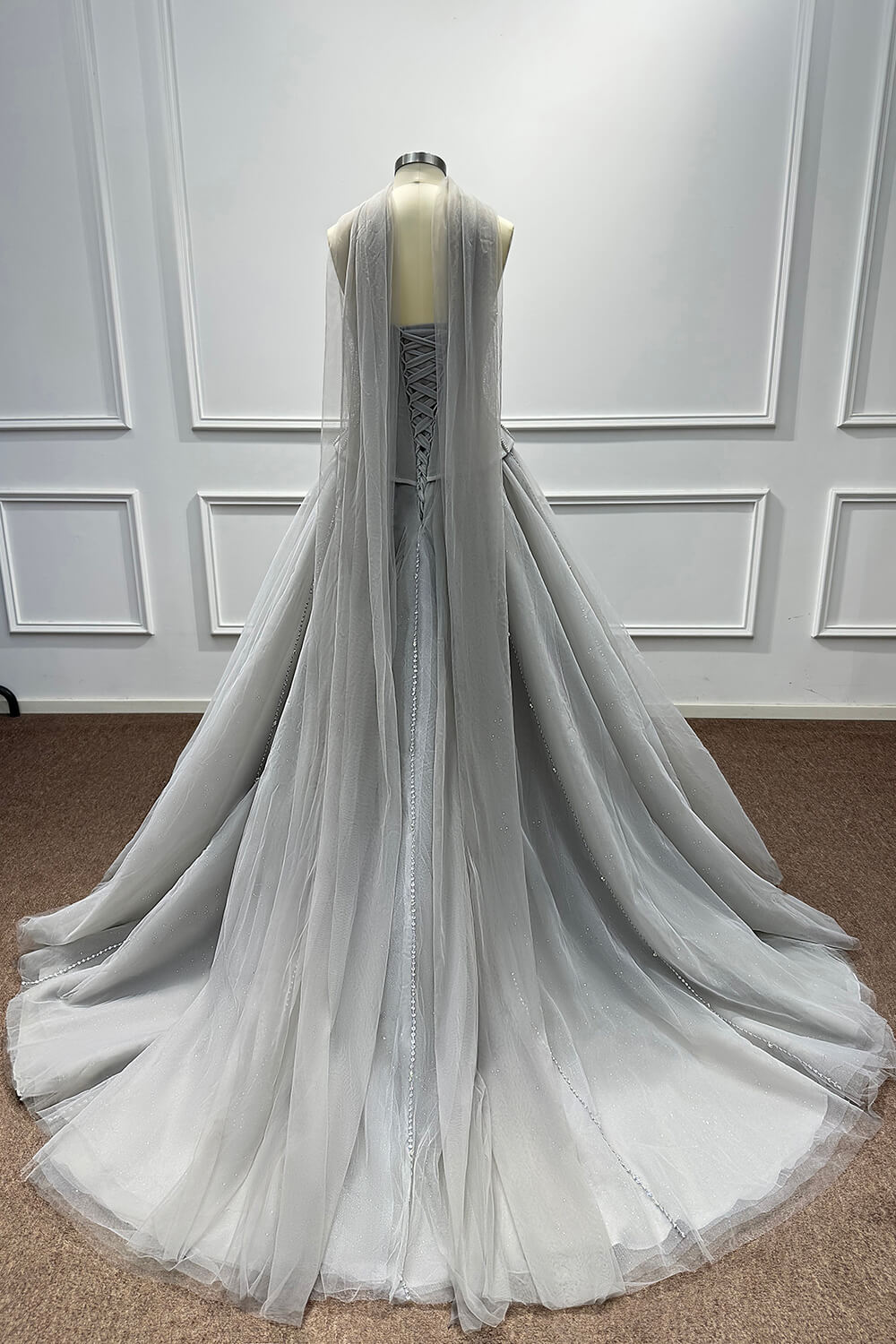Grey Corset Dress A Line Sweetheart Tulle Prom Dress with Beadings and Rhinestones
