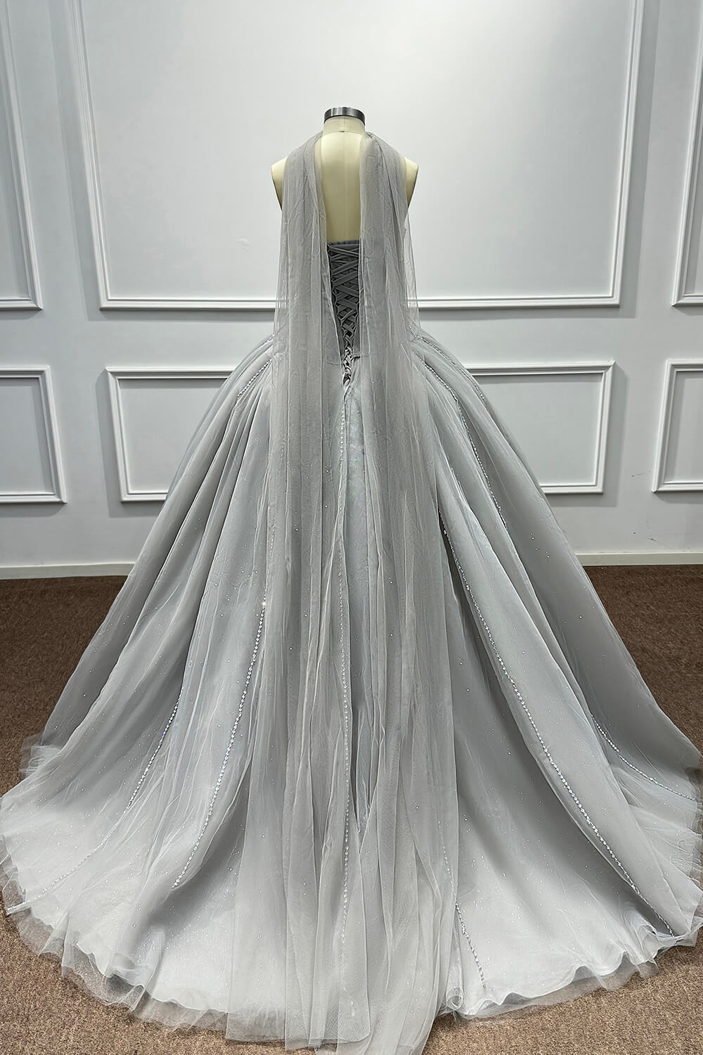 Grey Corset Dress A Line Sweetheart Tulle Prom Dress with Beadings and Rhinestones