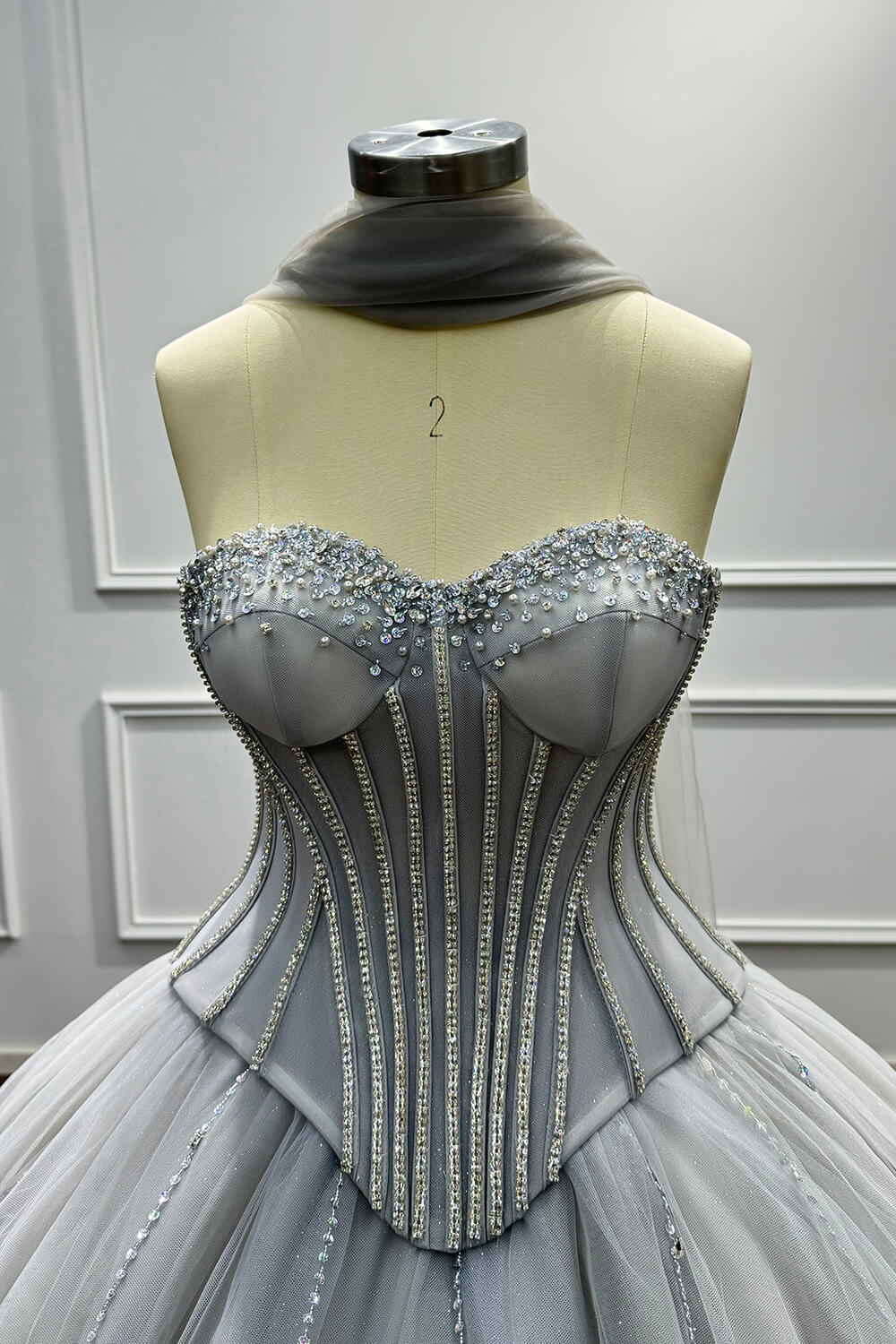 Grey Corset Dress A Line Sweetheart Tulle Prom Dress with Beadings and Rhinestones