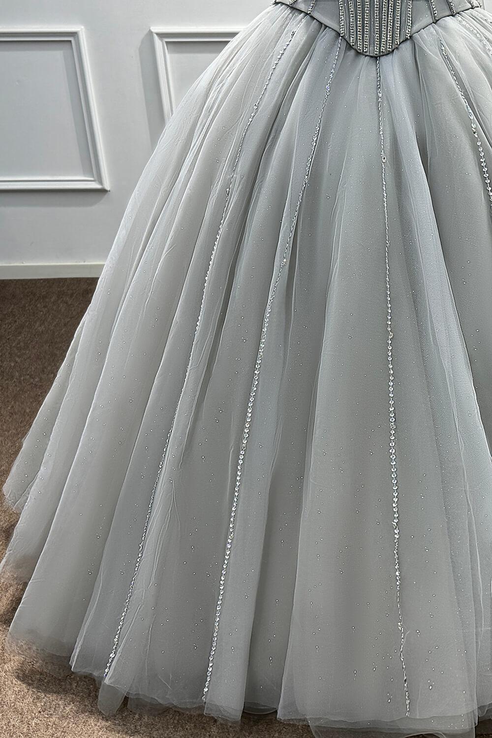 Grey Corset Dress A Line Sweetheart Tulle Prom Dress with Beadings and Rhinestones