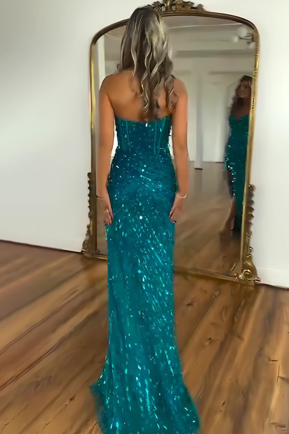 Sparkly Mermaid Sweetheart Gold Long Prom Dress with Split Front - View 12 | VelvetHem