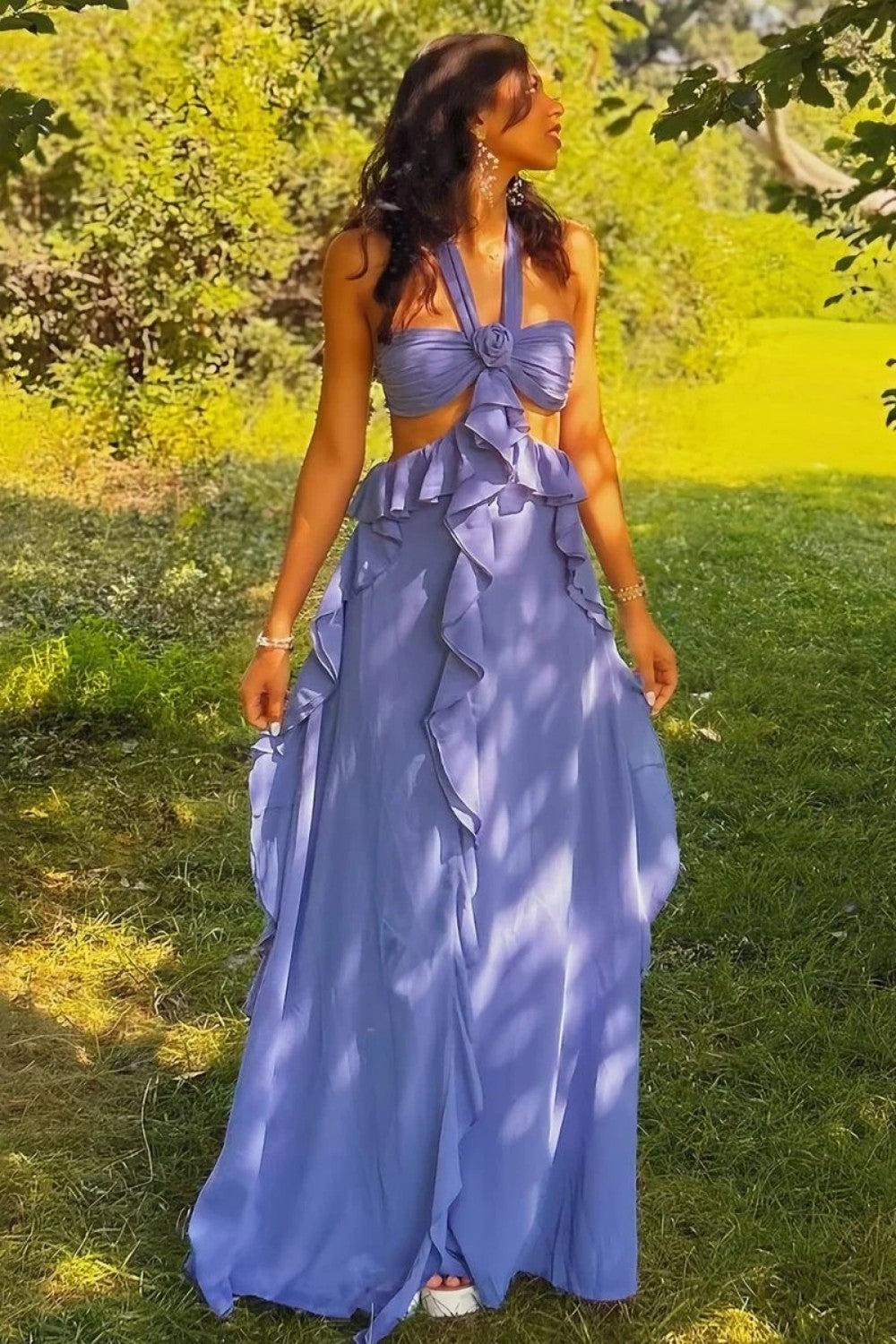 A Line Halter Neck Pink Long Prom Dress With Keyhole Ruffles Formal Evening Gown