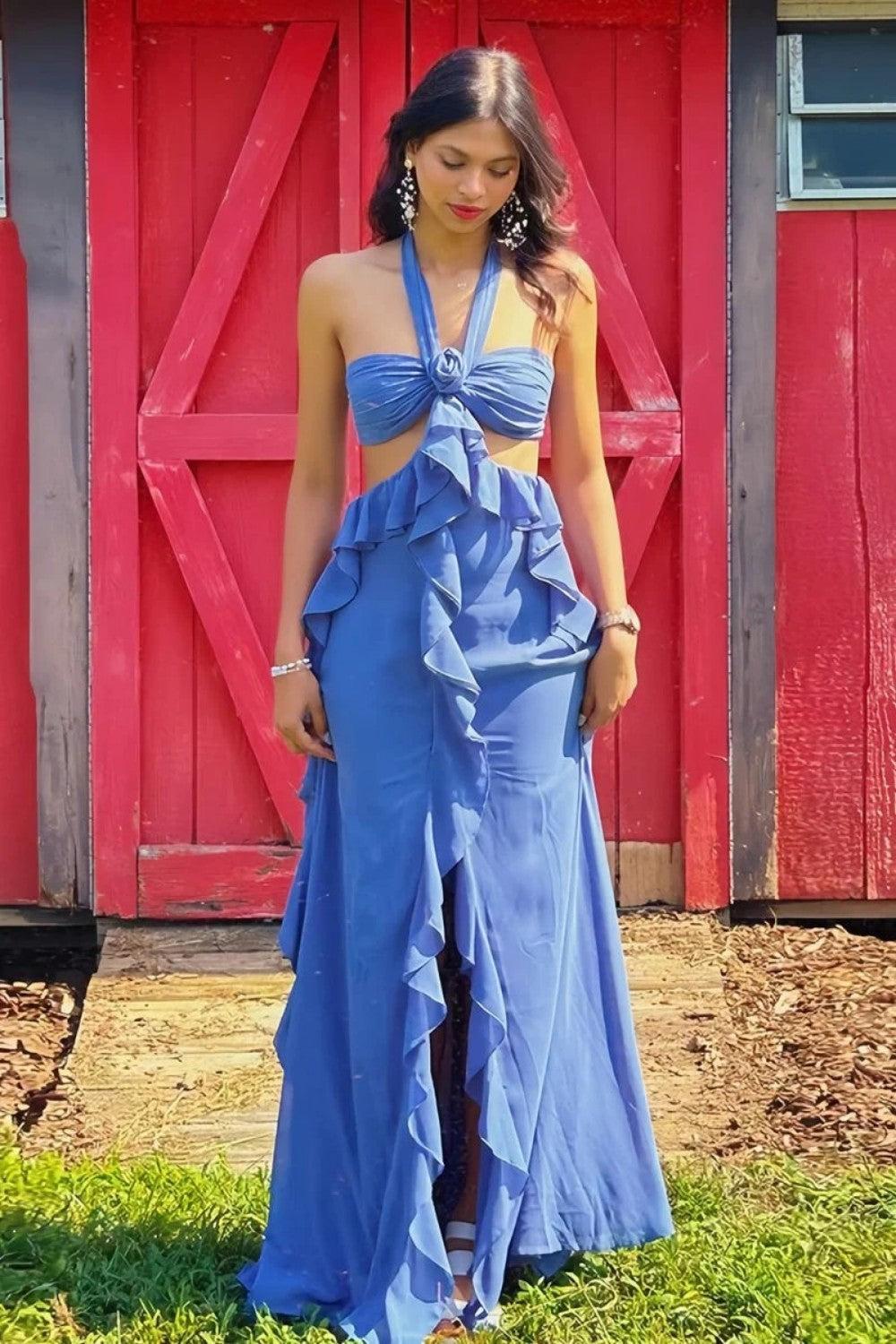 A Line Halter Neck Pink Long Prom Dress With Keyhole Ruffles Formal Evening Gown