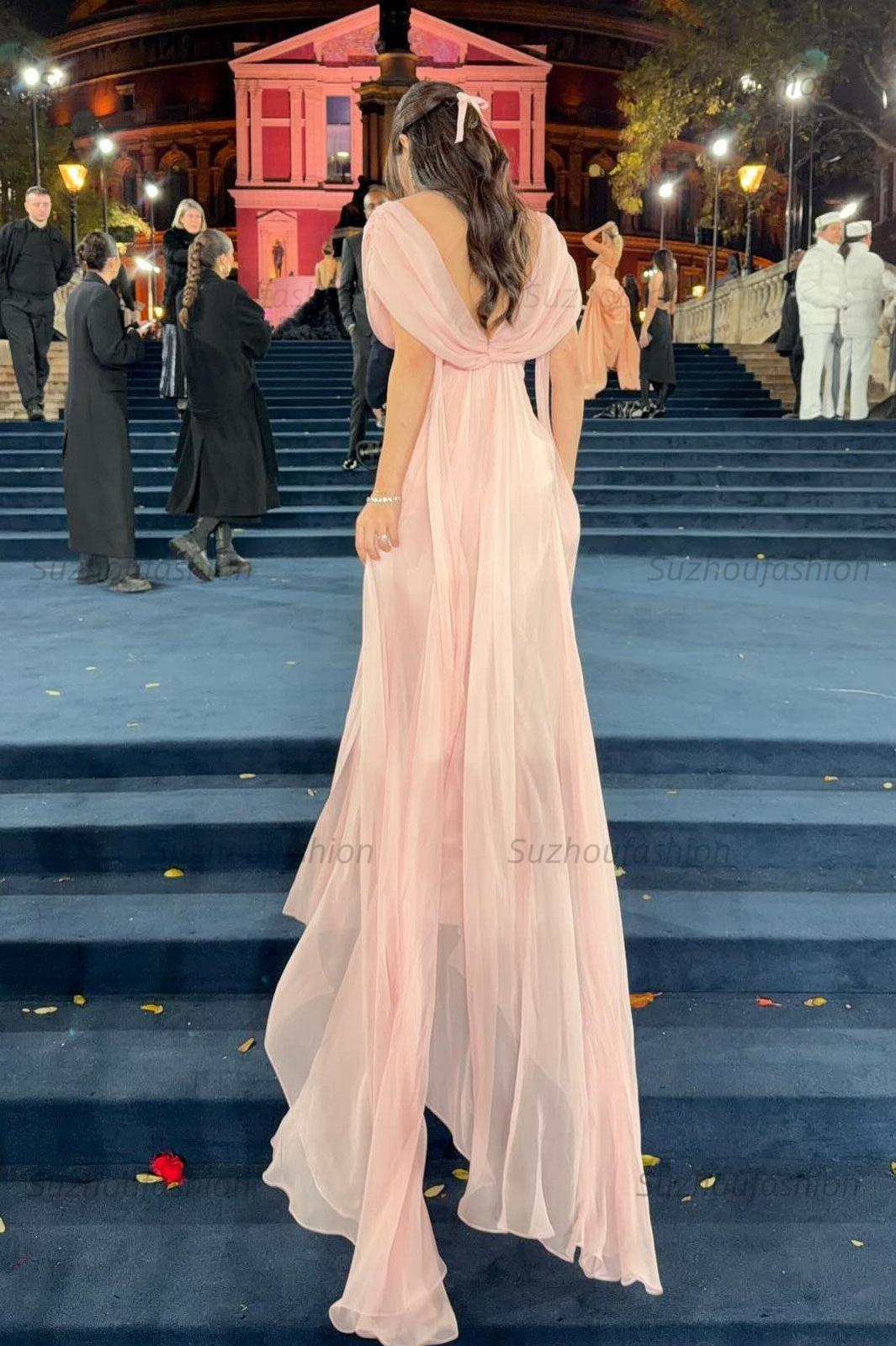Suzhoufashion Sweety A Line V Neck Pink Long Prom Dress With Ruffles Formal Evening Gown