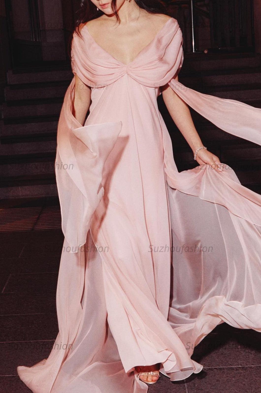 Suzhoufashion Sweety A Line V Neck Pink Long Prom Dress With Ruffles Formal Evening Gown