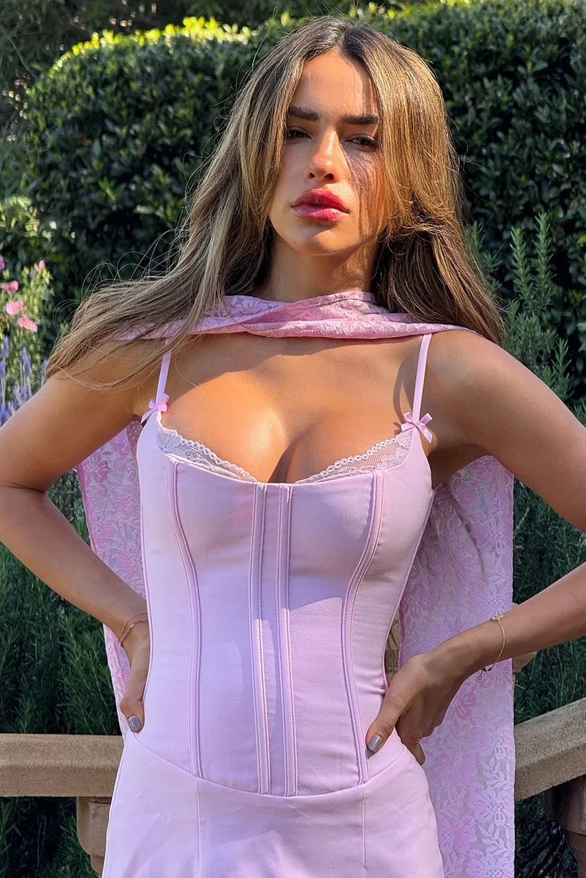 Sweety A Line Spaghetti Straps Pink Corset Homecoming Dress with Scarf