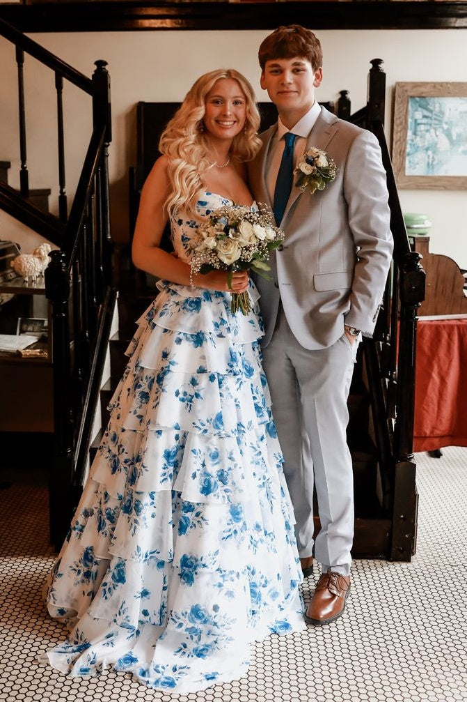 Sweety A Line Sweetheart Blue Floral Printed Long Prom Dress with Ruffles - VelvetHem
