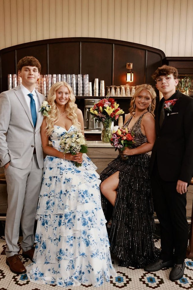 Sweety A Line Sweetheart Blue Floral Printed Long Prom Dress with Ruffles - View 3 | VelvetHem